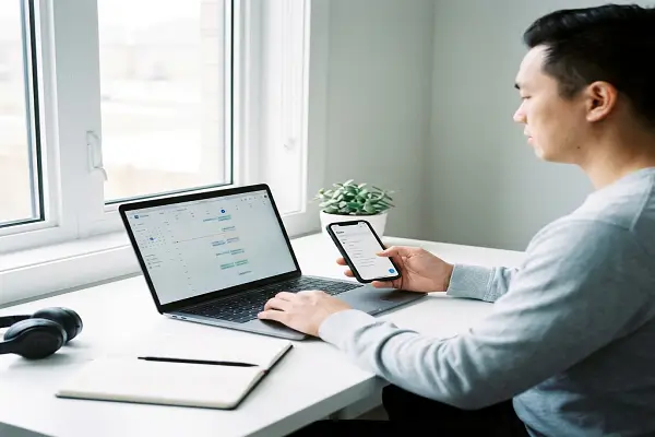 Pessoa trabalhando em mesa organizada com notebook e celular, representando produtividade e organização pessoal.