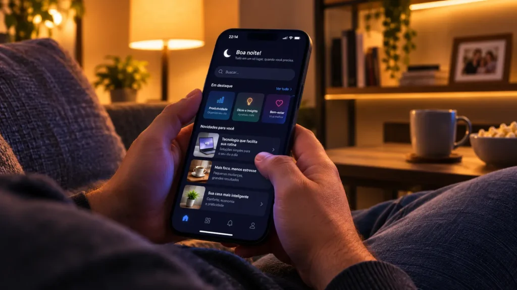 Pessoa segurando celular com modo noturno ativado em ambiente escuro, ilustrando como reduzir o cansaço visual à noite