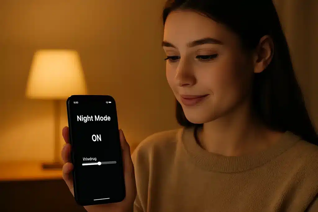 Mulher segurando celular com modo noturno ativado em ambiente com iluminação suave, representando conforto visual e proteção dos olhos.