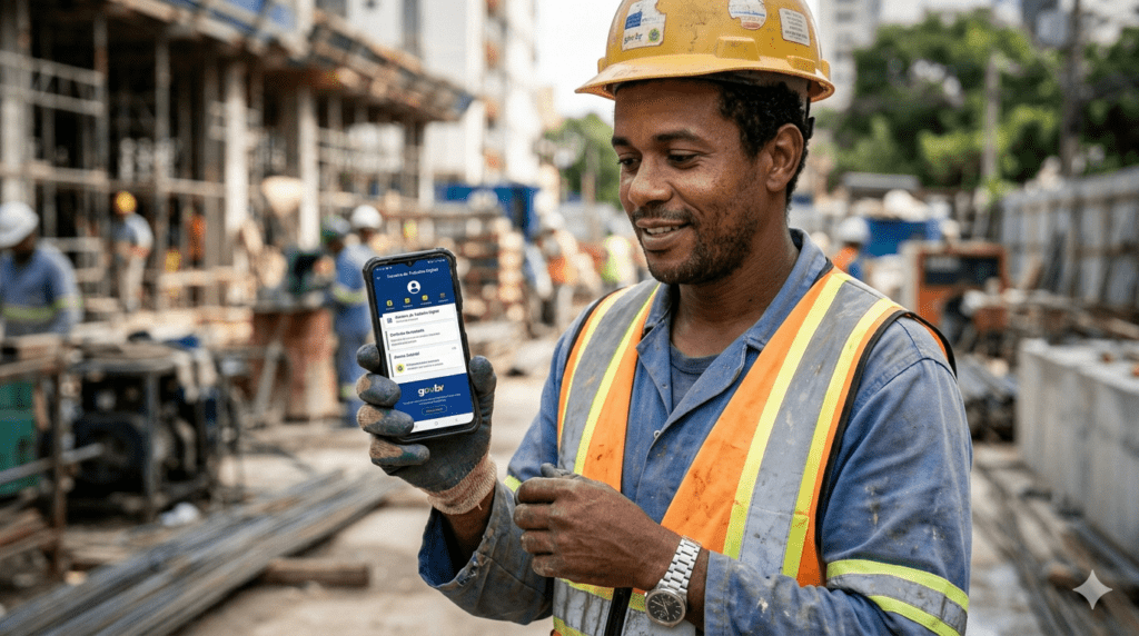 trabalhador consultando pis pela carteira de trabalho digital no celular