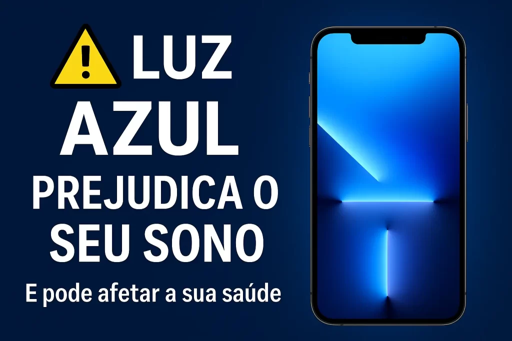 Ilustração representando os efeitos da luz azul no sono e na produtividade, destacando a importância de ativar o modo noturno em celulares e dispositivos digitais.