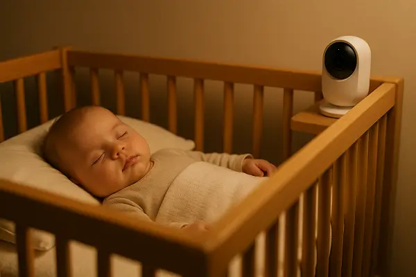 Monitoramento de sono do bebê com câmera inteligente ao lado do berço, garantindo segurança e tranquilidade