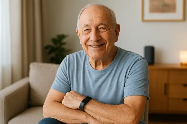 Idoso sorridente em casa usando pulseira inteligente de saúde, exemplo de tecnologia para cuidar de idosos com segurança e bem-estar.