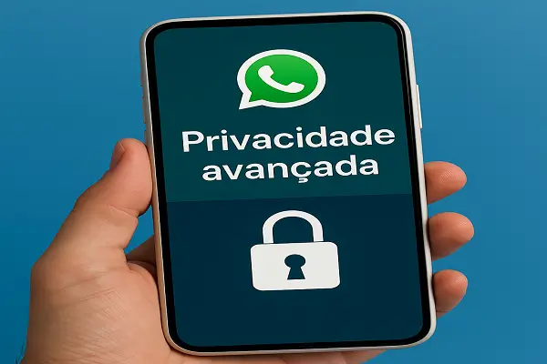 Mão segurando smartphone exibindo o logotipo do WhatsApp e ícone de cadeado, representando a privacidade avançada do WhatsApp