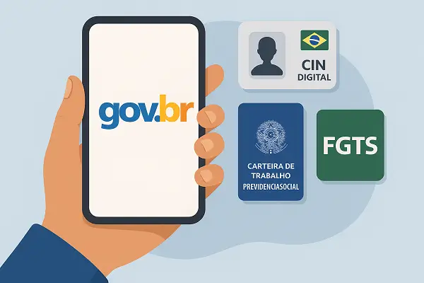 Pessoa segurando um smartphone com o site gov.br aberto, mostrando ícones digitais do FGTS, Carteira de Trabalho e nova Carteira de Identidade Nacional, representando a cidadania digital, gov.br pelo celular.