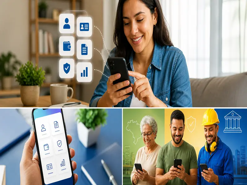 Pessoa usando celular com aplicativo de serviços digitais do governo, mostrando acesso fácil a documentos e benefícios online