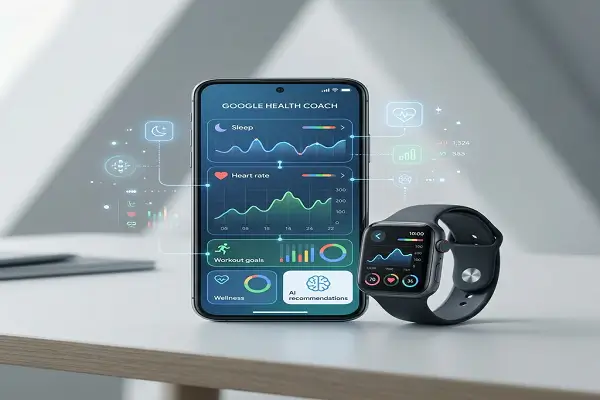 Google Health Coach no app Google Health com recursos de IA para sono, treinos e bem-estar