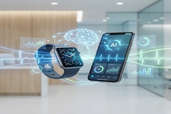 Imagem ilustrativa sobre inteligência artificial na saúde com smartwatch, aplicativo de saúde e elementos de análise de dados