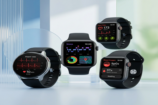 Imagem ilustrativa dos melhores smartwatches para monitorar saúde com recursos de sono, frequência cardíaca e atividade física.