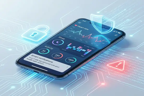 Imagem ilustrativa sobre riscos de privacidade em apps de saúde com IA, com smartphone e elementos de segurança digital