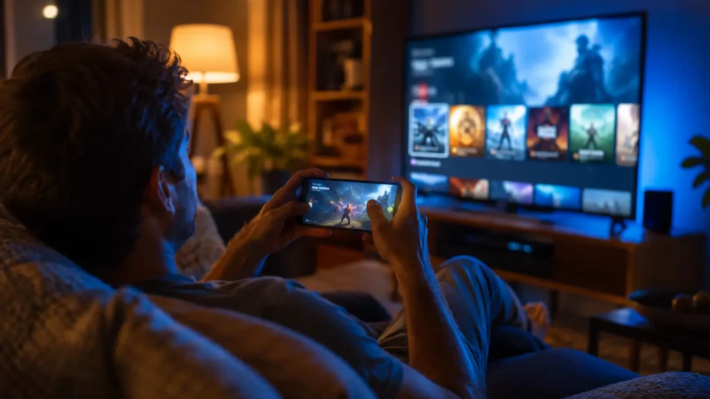 Pessoa jogando no Amazon Luna pelo celular, sentada no sofá com uma TV ao fundo — imagem ilustrativa gerada por IA