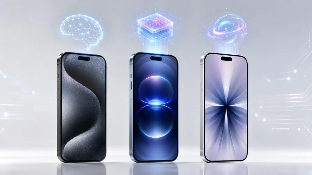 Ilustração de smartphones compatíveis com Apple Intelligence representando as linhas iPhone 15 Pro, iPhone 16 e iPhone 17
