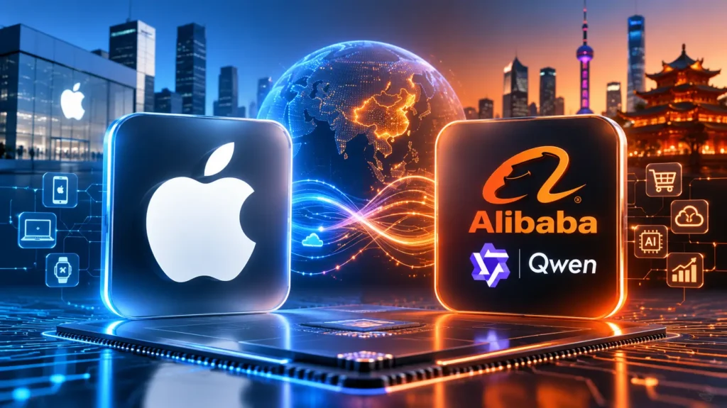 Apple Intelligence na China e Alibaba Qwen lado a lado representando parceria de inteligência artificial.