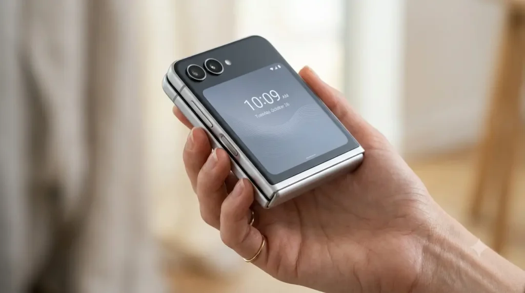 Smartphone dobrável estilo concha representando o Galaxy Z Flip8 (imagem gerada por IA)