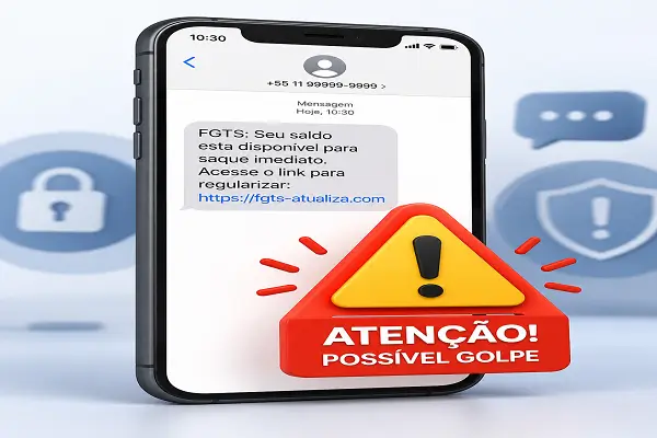 Alerta de golpe do FGTS por SMS no celular.