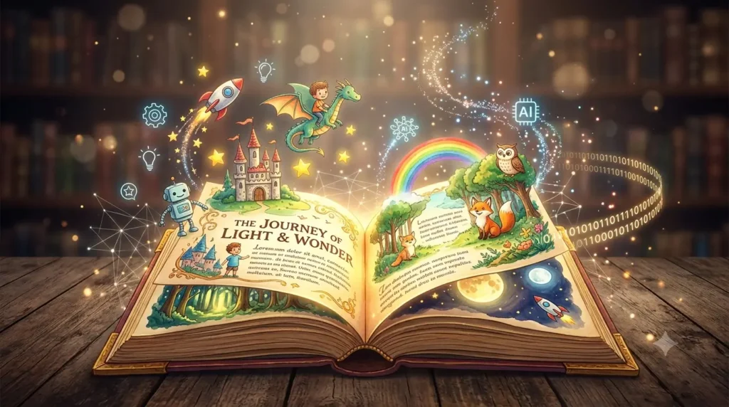 Ilustração de livro infantil com elementos de inteligência artificial, representando o app de histórias com IA StoryKit (imagem gerada por IA)